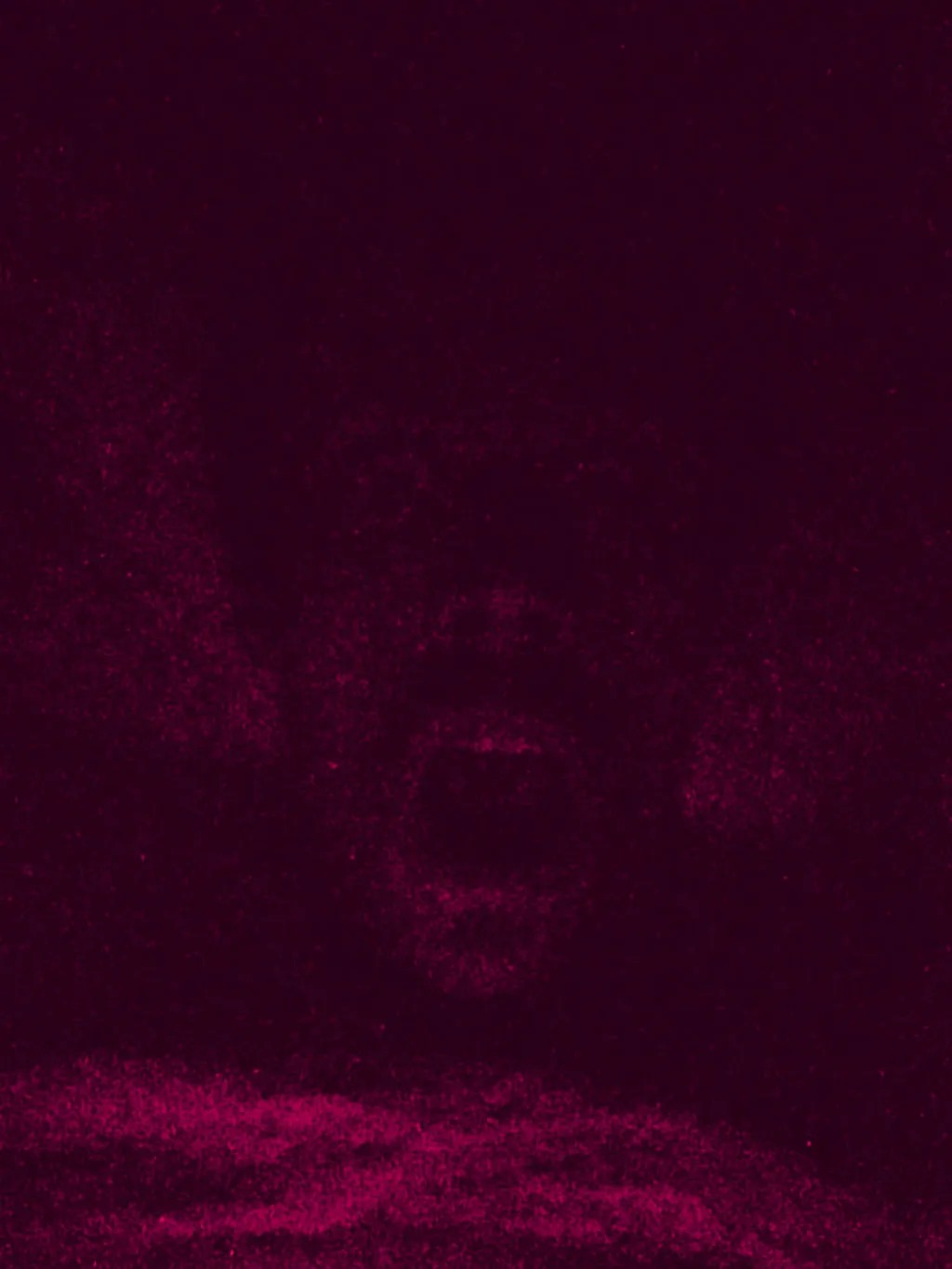 Edvard’s face, dark and grainy in magenta light, mouth open