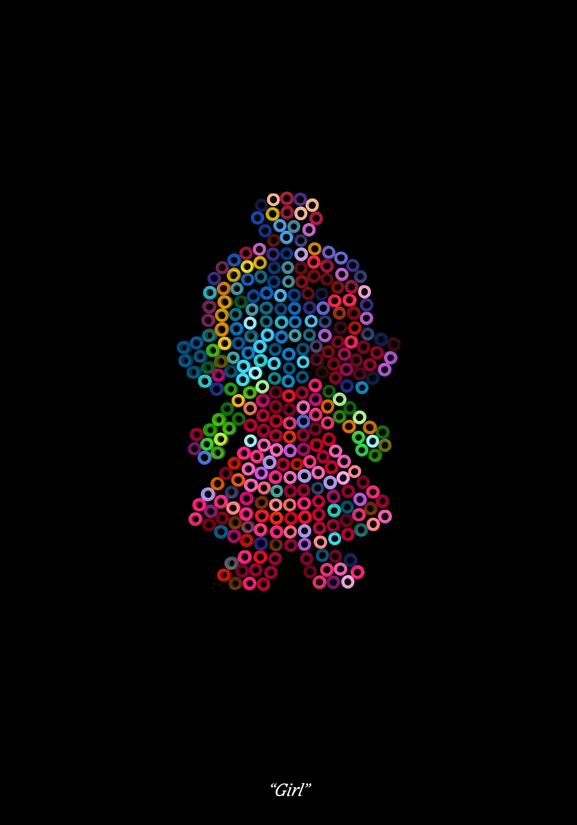 Girl figure built from multicoloured fuse beads on black, titled “Girl”