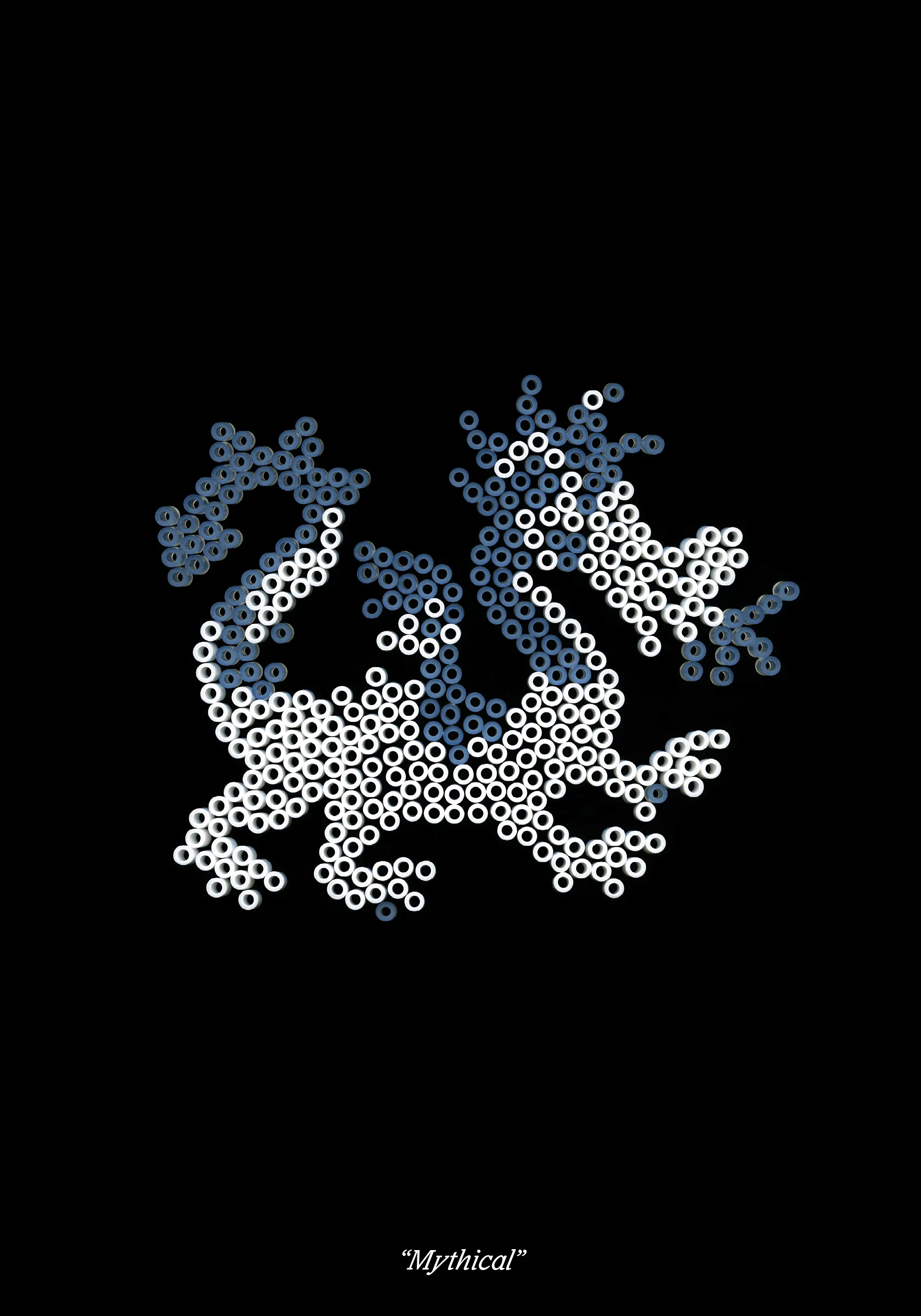 Dragon made of white and grey-blue fuse beads on black, titled “Mythical”