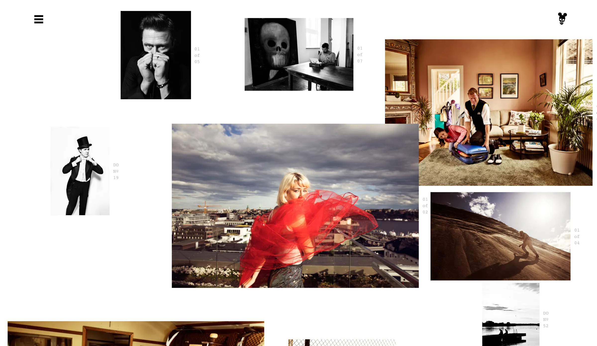 Photographer’s site: a loose, scattered collage of portrait and editorial photos on white