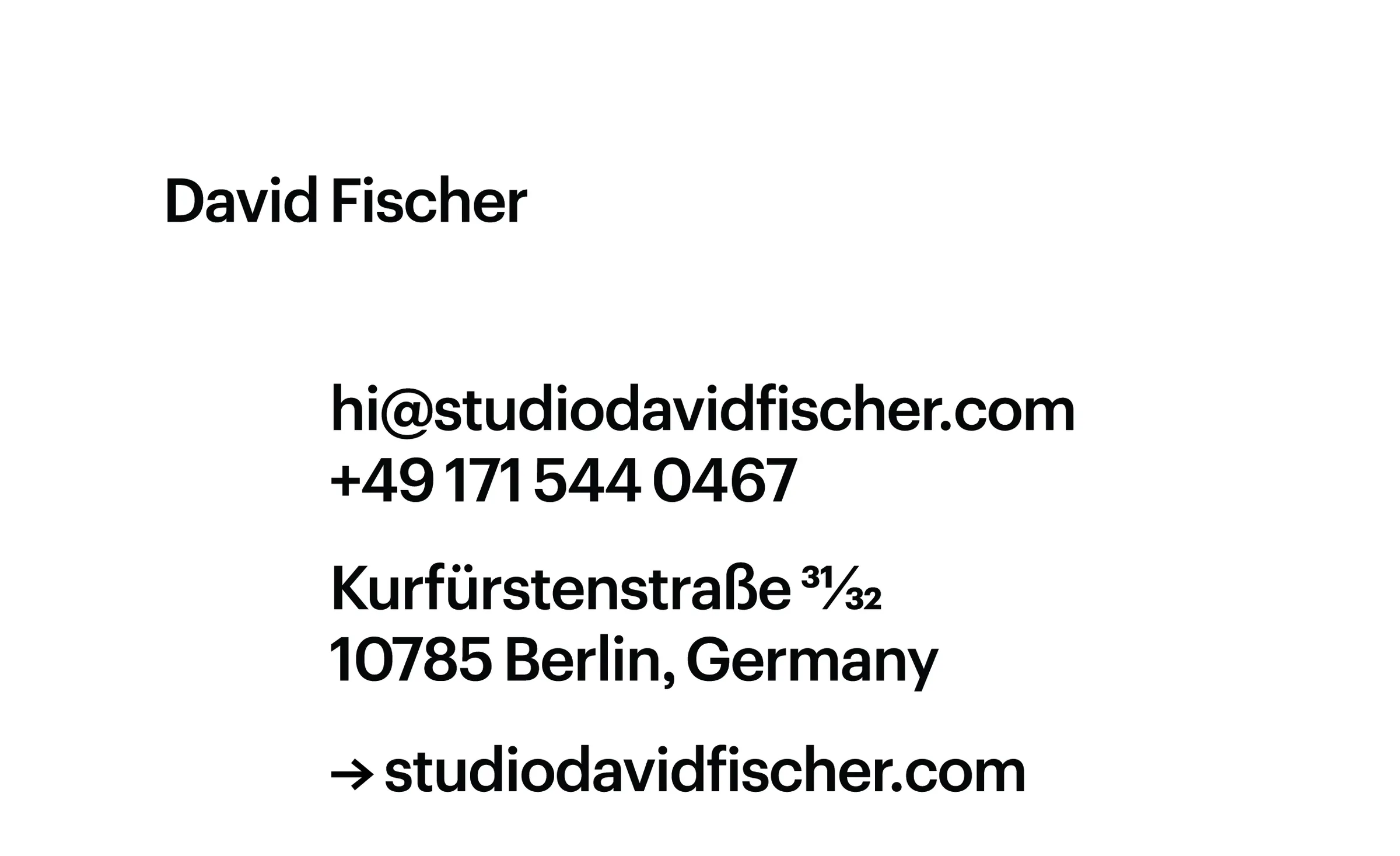 Minimal card in black sans serif: name, email, phone and a Berlin studio address