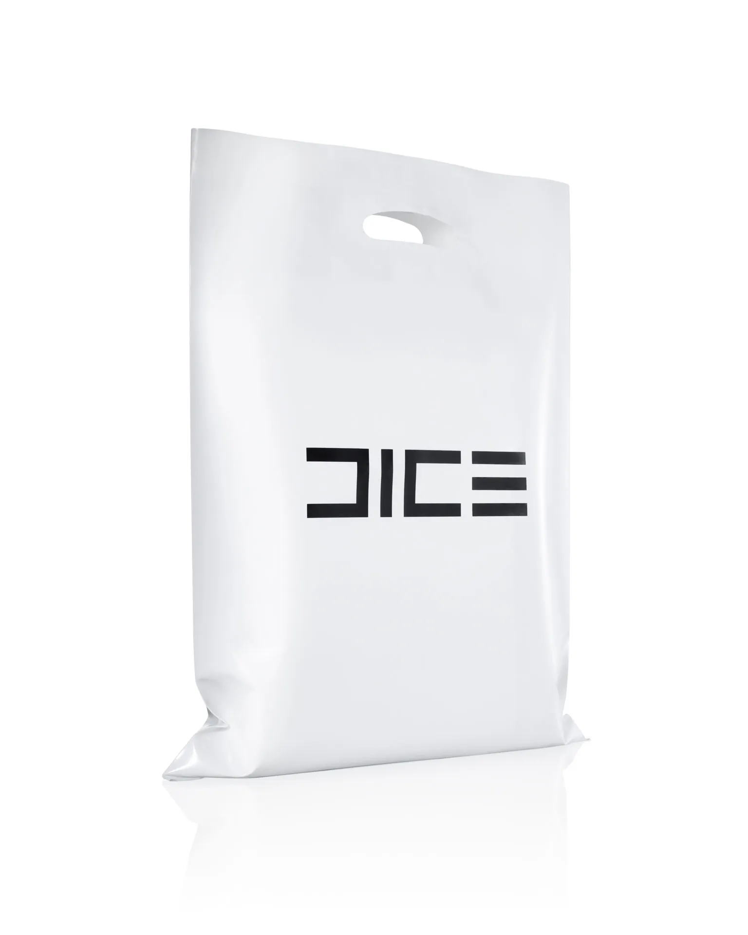 White plastic carrier bag with the black DICE logotype