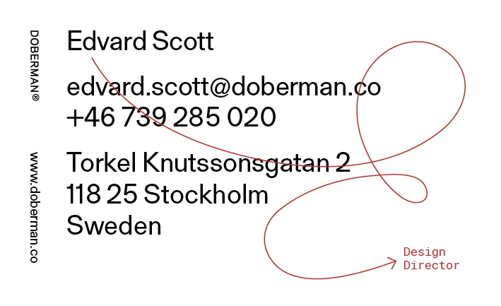 Edvard Scott’s card, Design Director, with a red hand-drawn loop over the Stockholm address