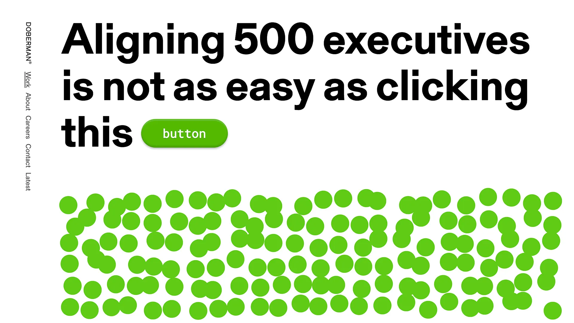 Headline “Aligning 500 executives is not as easy as clicking this button” above a field of green dots