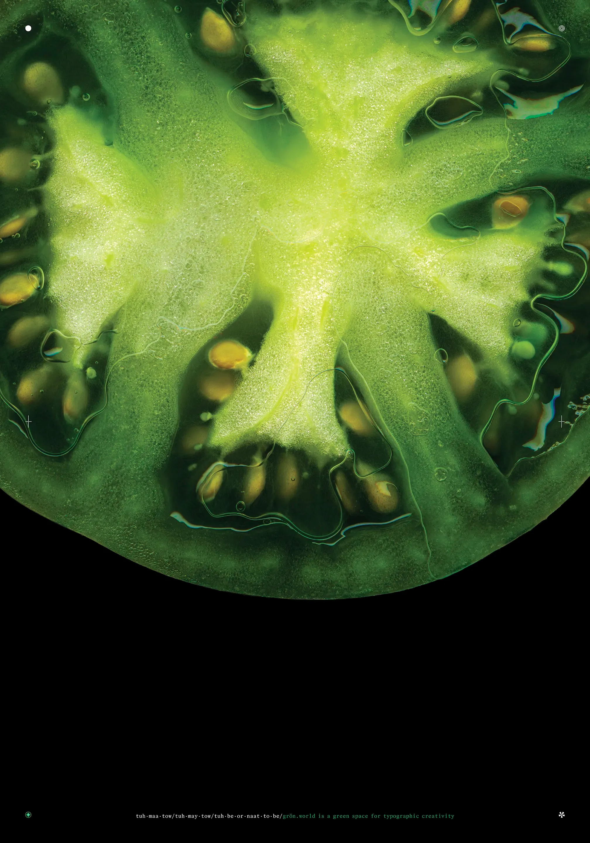 GRÖN poster: macro photo of a sliced green tomato on black