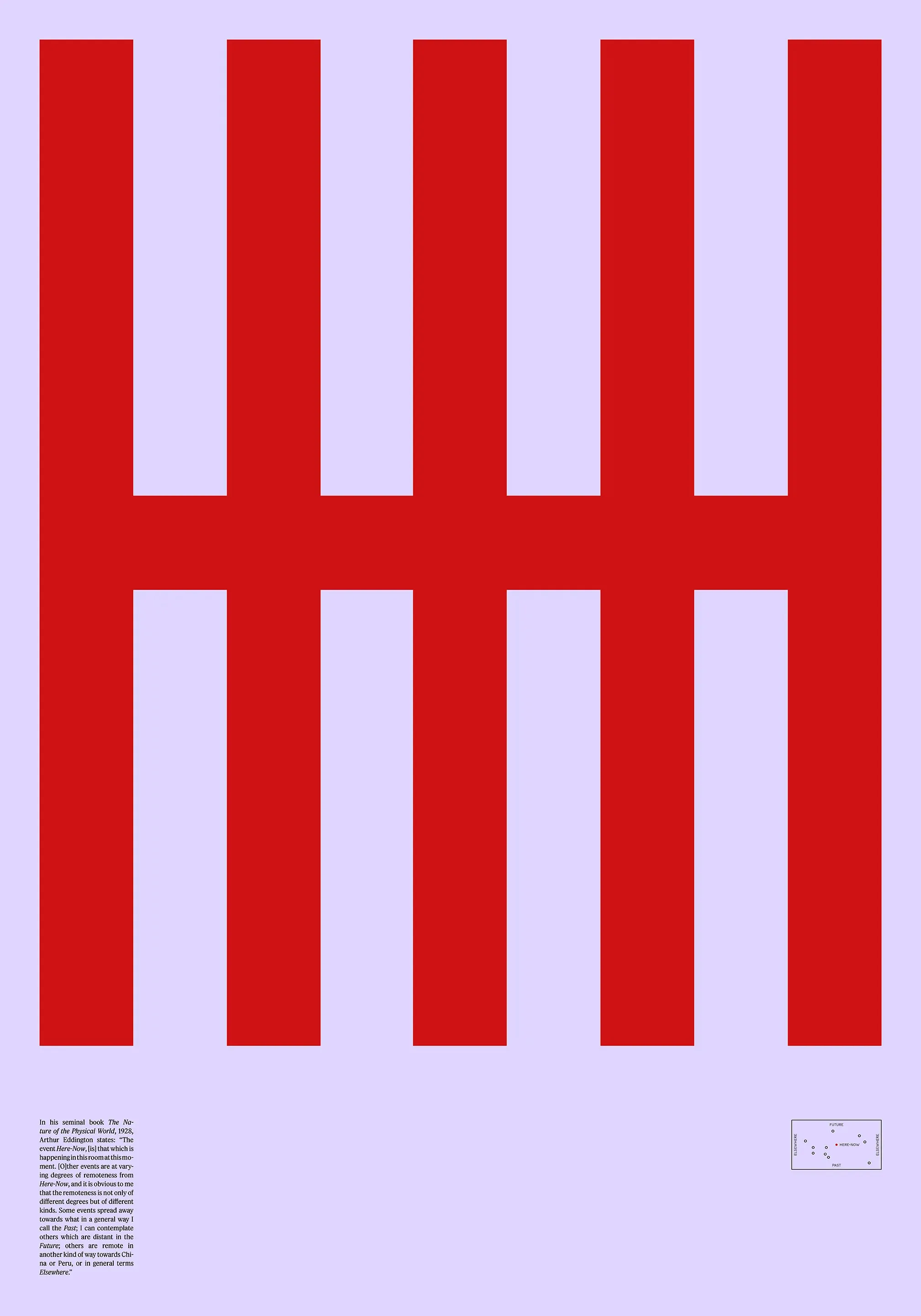Here-Now profile poster: a logotype glyph of red tally strokes on lilac