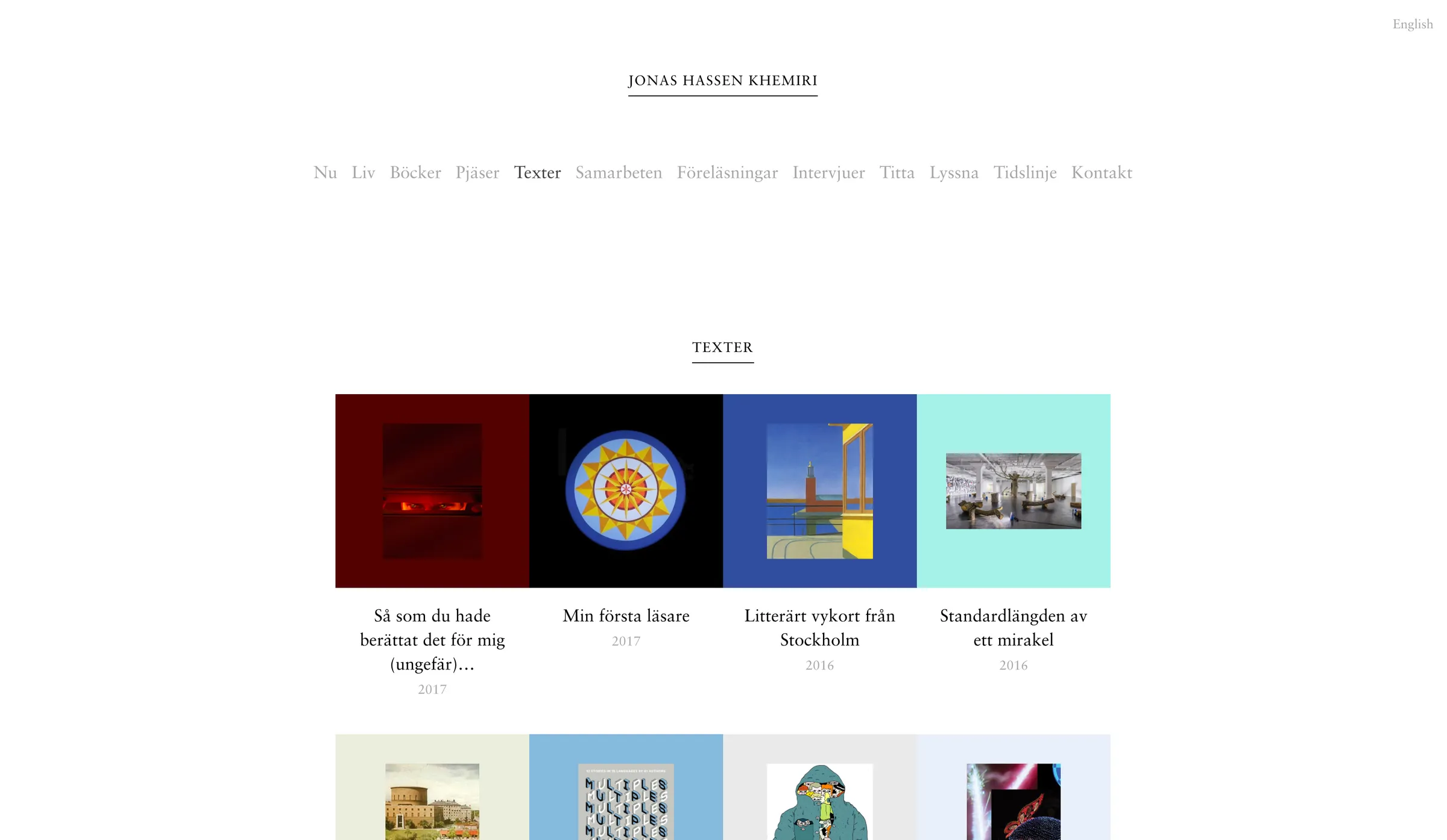 Author site with serif navigation and a grid of square thumbnails in red, black, blue and mint