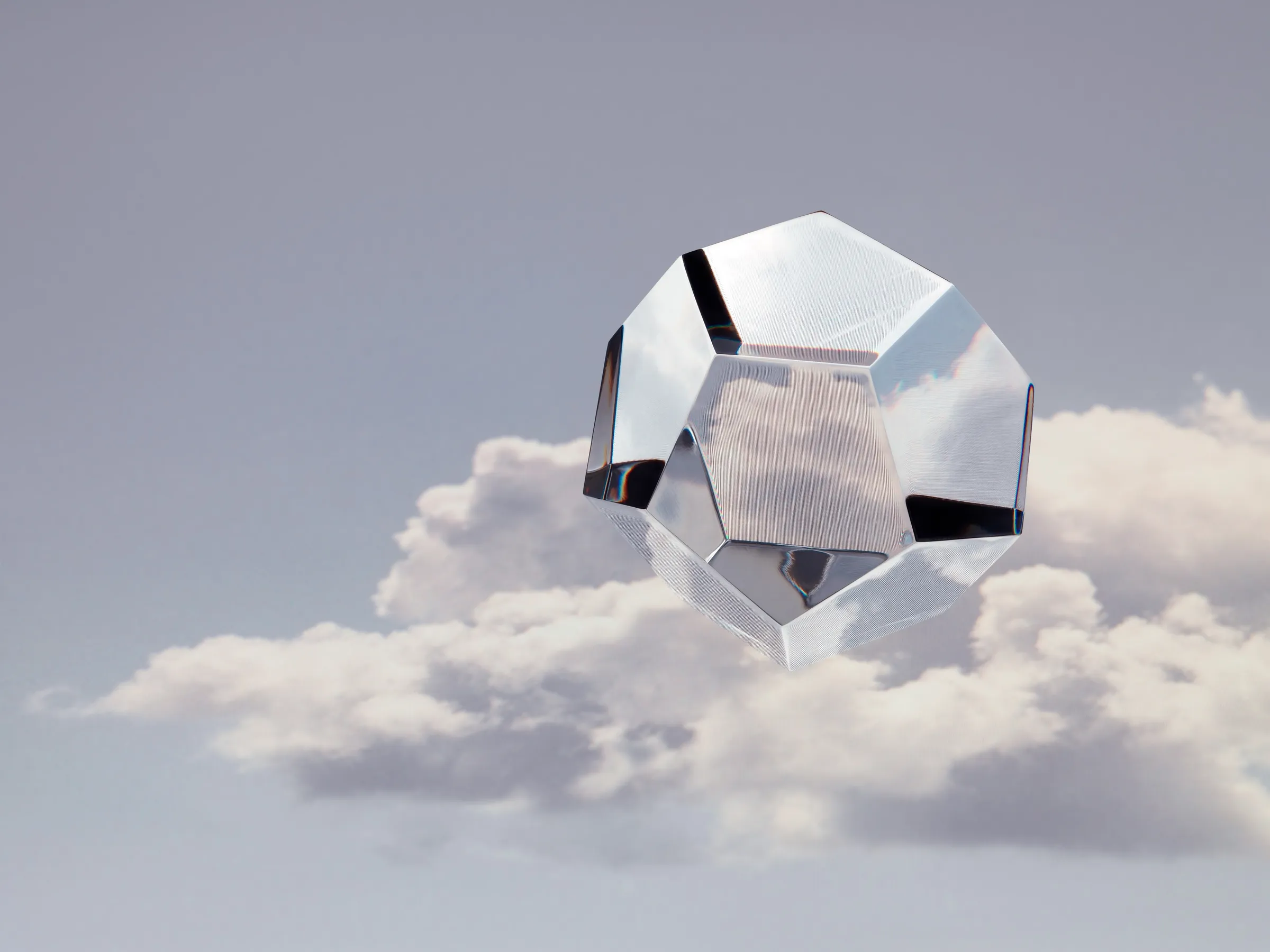 A mirrored glass dodecahedron floating above a white cloud in a grey sky