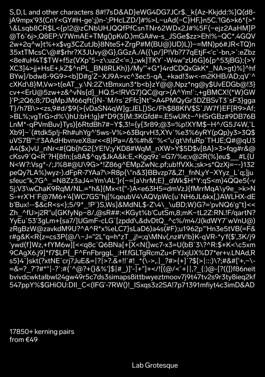 Black poster packed with white character pairs: “17850+ kerning pairs from €49”