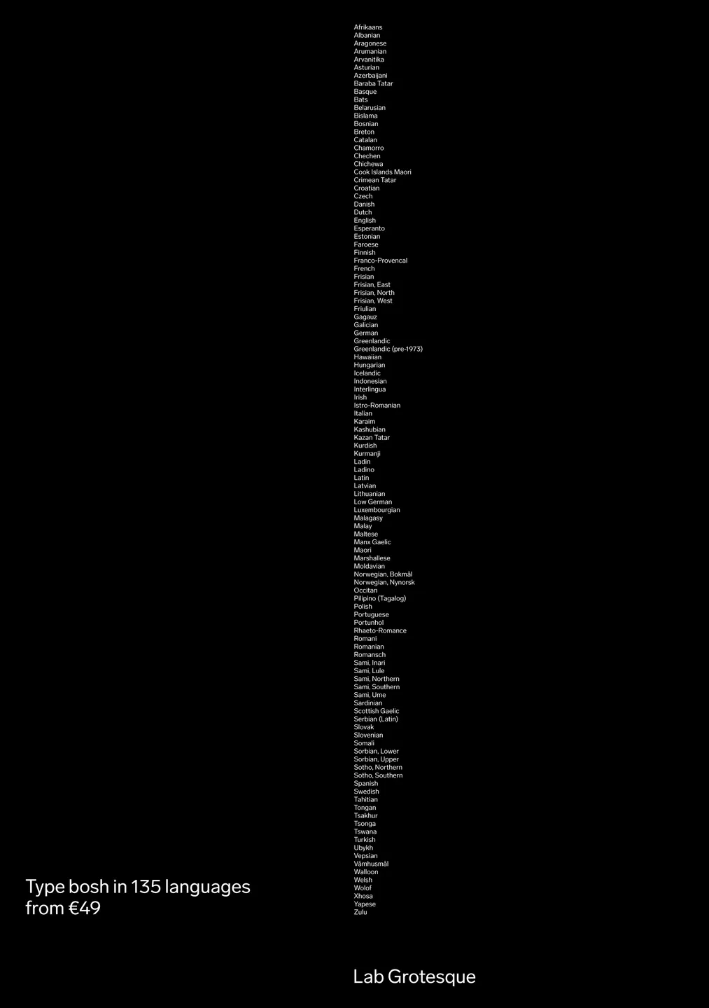 Black poster with a long, thin column of language names, “135 languages from €49”