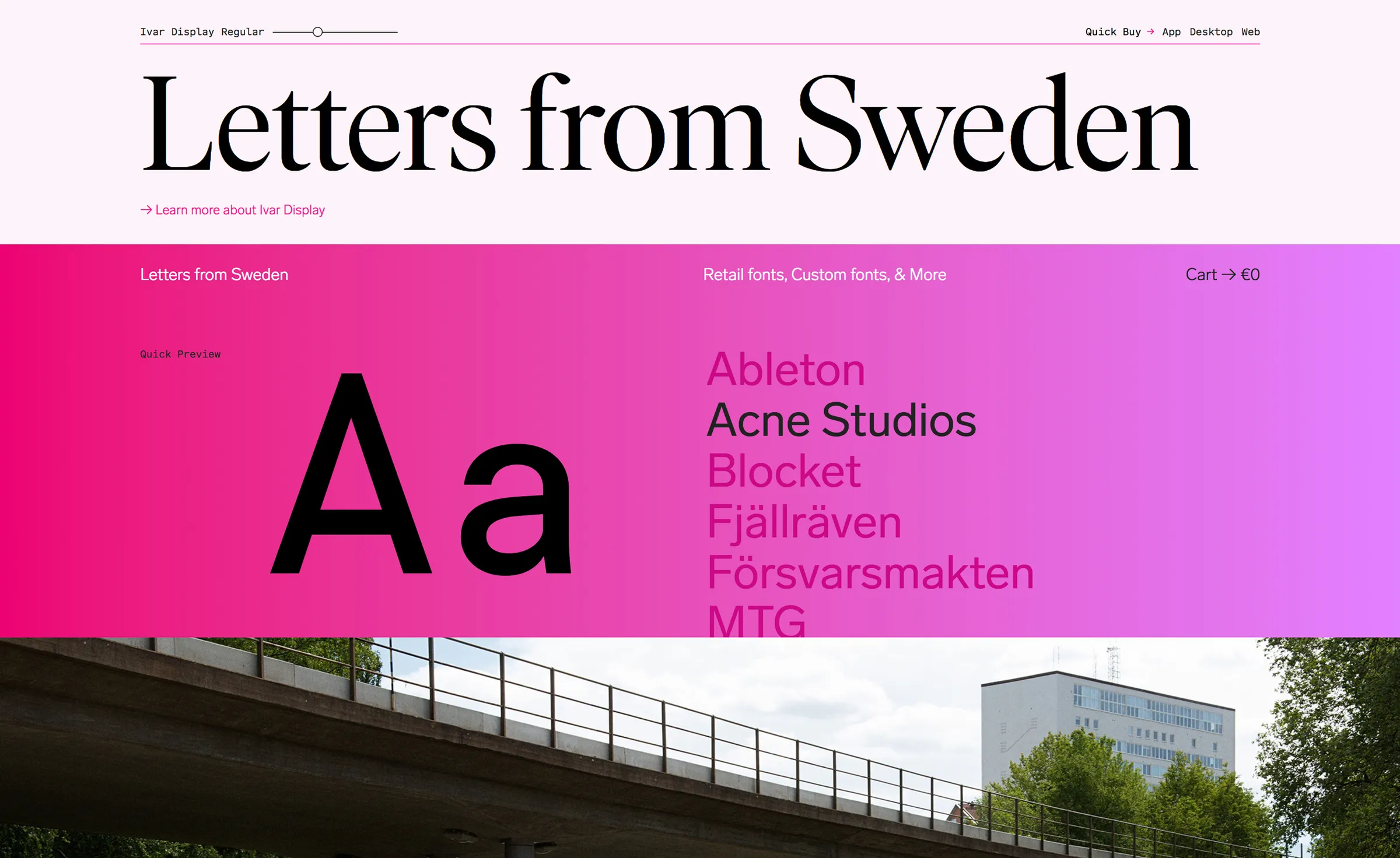 Type foundry homepage: large serif masthead, a pink panel with an “Aa” preview and client names