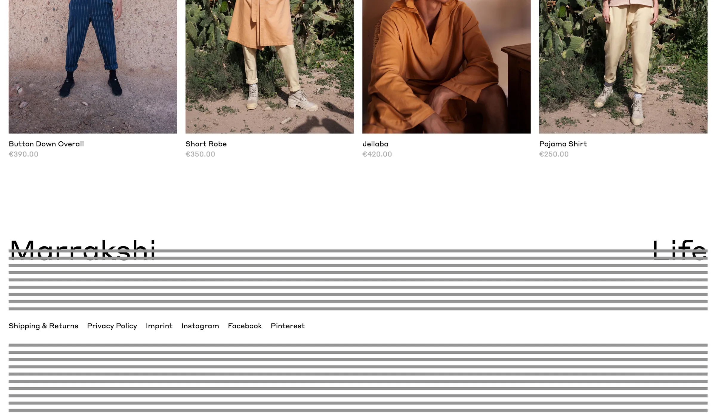 Shop grid of loose garments shot among cacti, above a striped “Marrakshi Life” footer