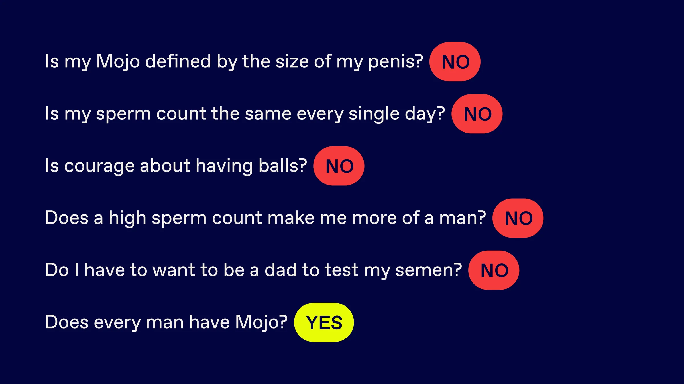 Myth-busting FAQ on navy: five questions answered “No”, ending “Does every man have Mojo?” “Yes”