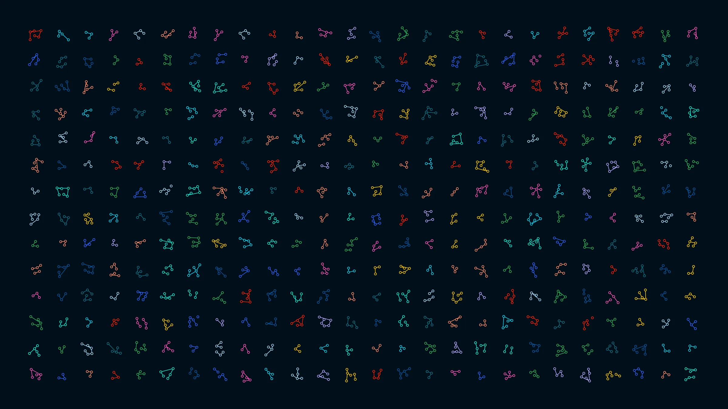 Grid of hundreds of small, multicoloured node-and-line network glyphs on dark navy