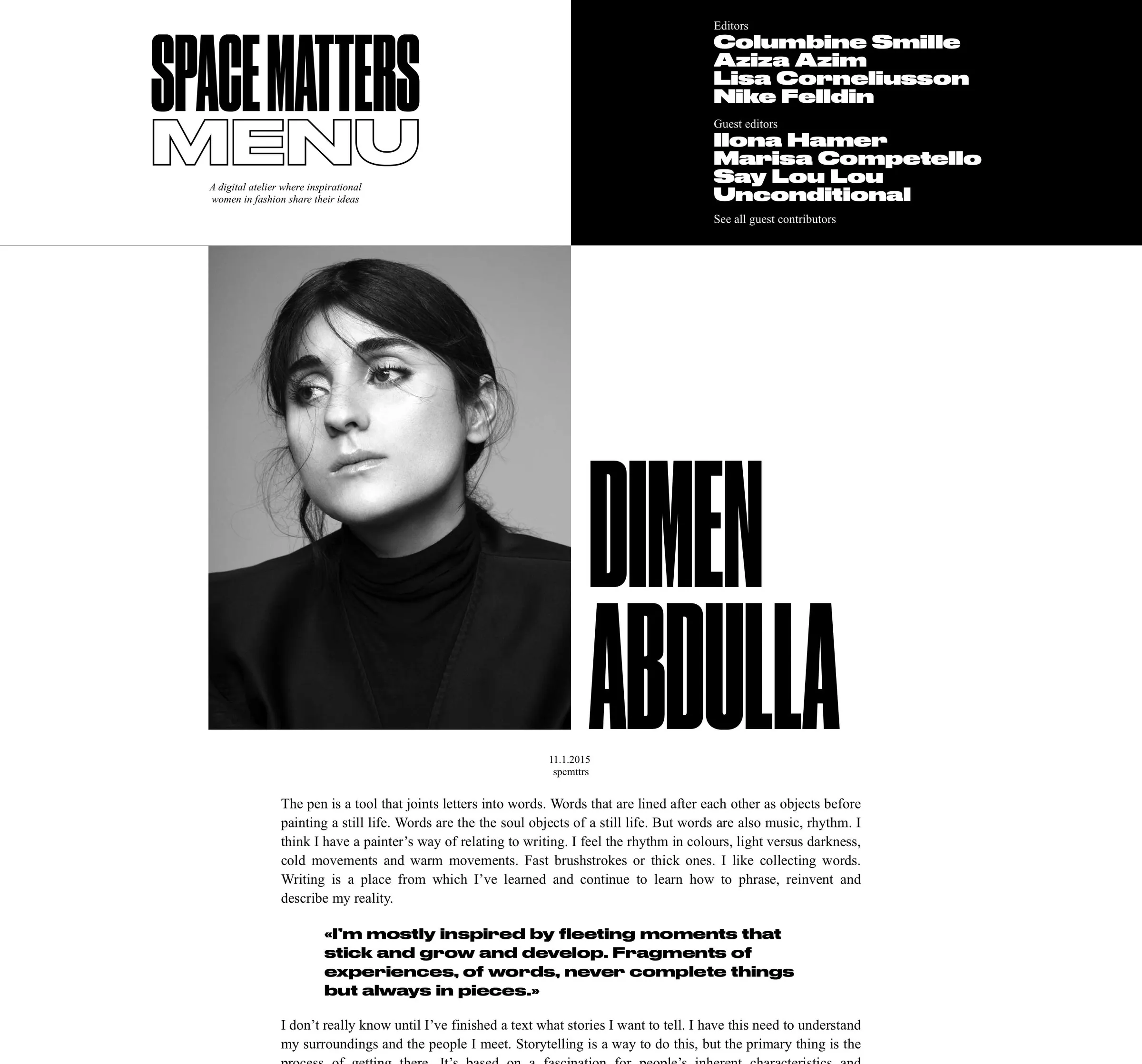 Article page: black-and-white portrait beside the title “Dimen Abdulla”, under the editors’ menu