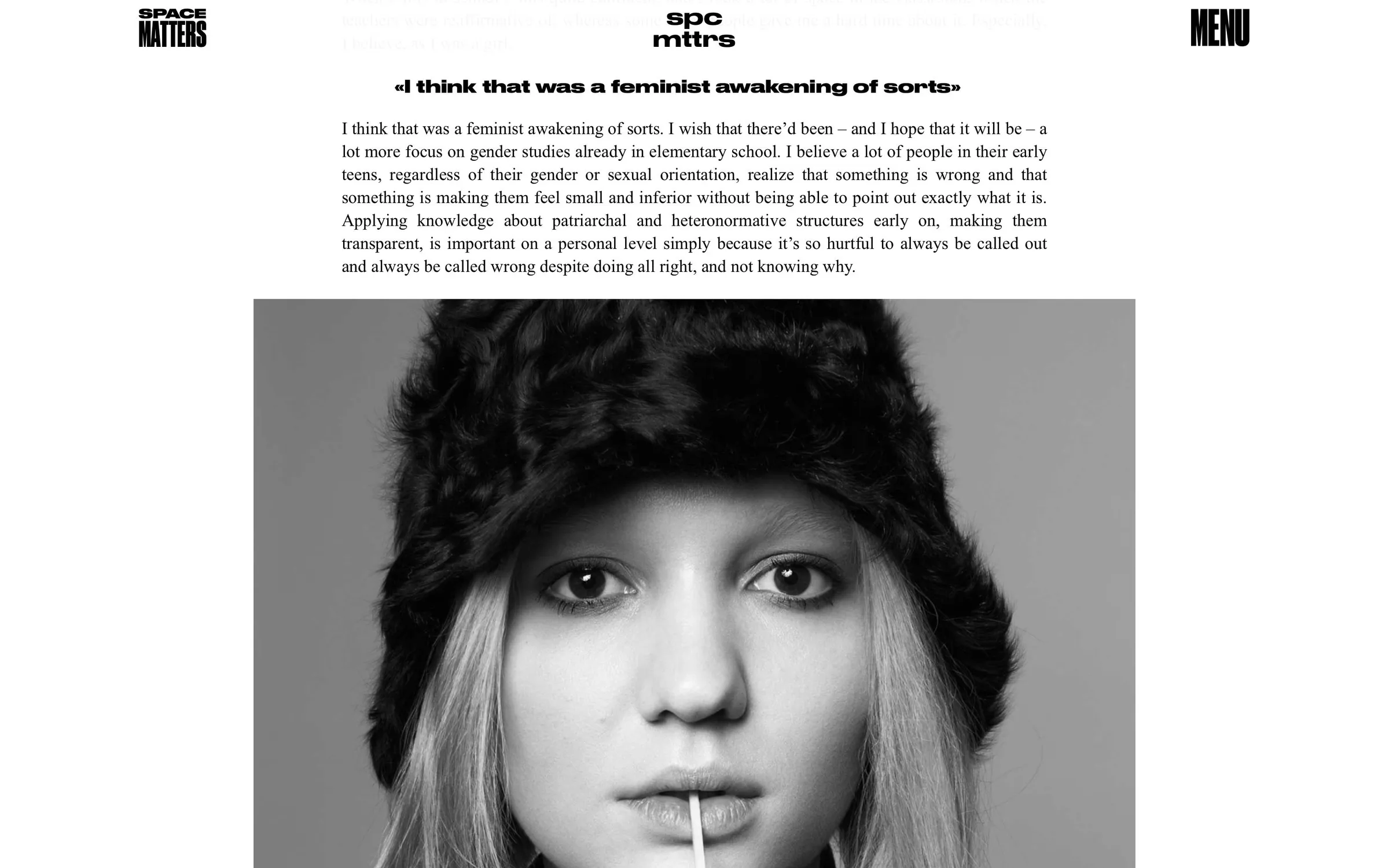 Article page: pull quote “I think that was a feminist awakening of sorts” above a black-and-white portrait