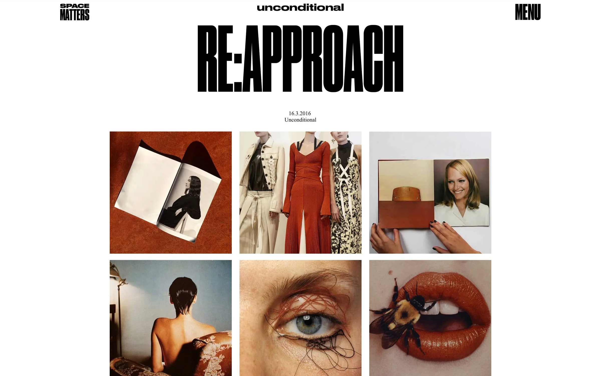 Guest article “RE:APPROACH”: a grid of fashion images, from a red dress to a bee on red lips