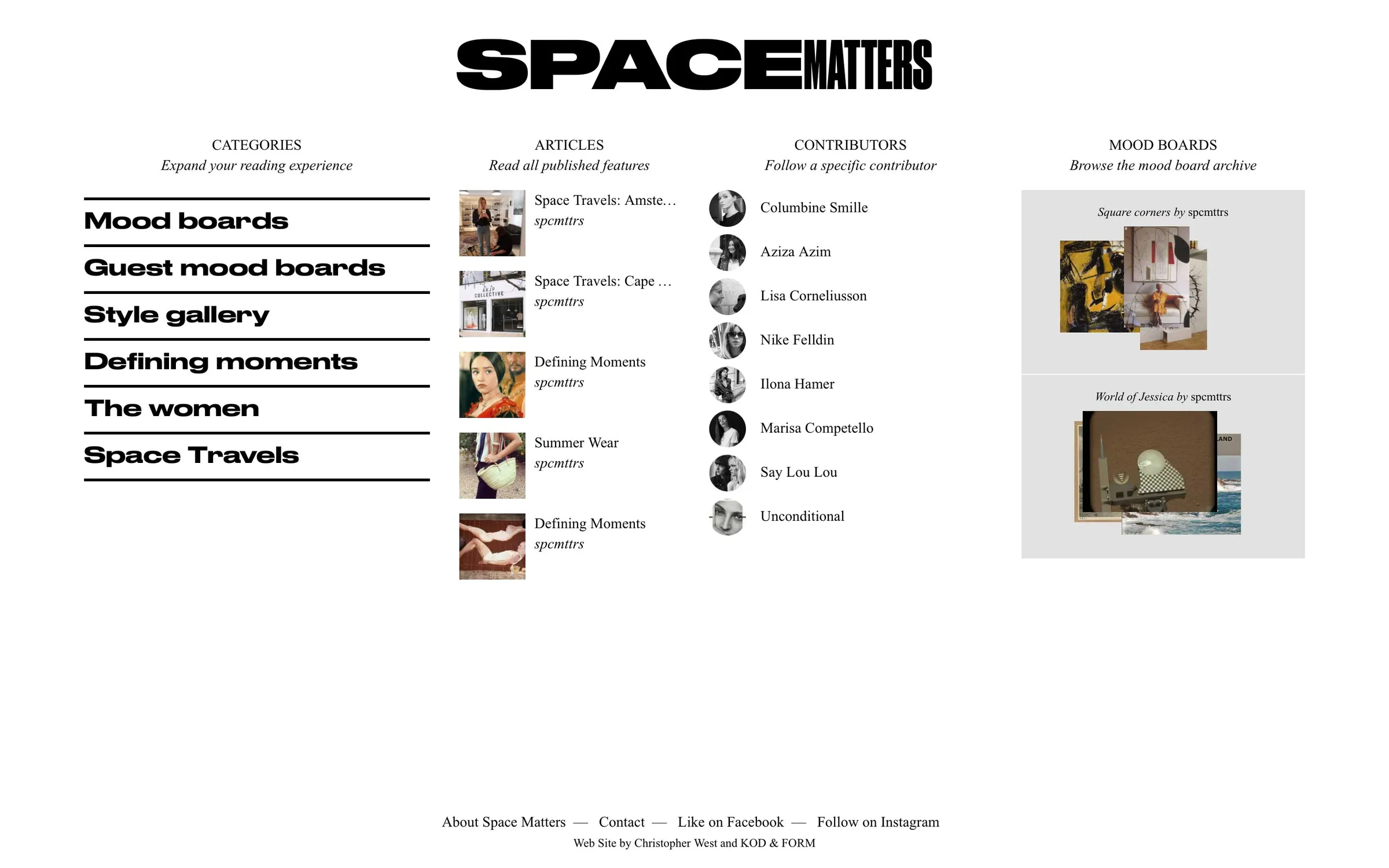 Menu page listing categories, articles, contributors and mood boards in bold black type