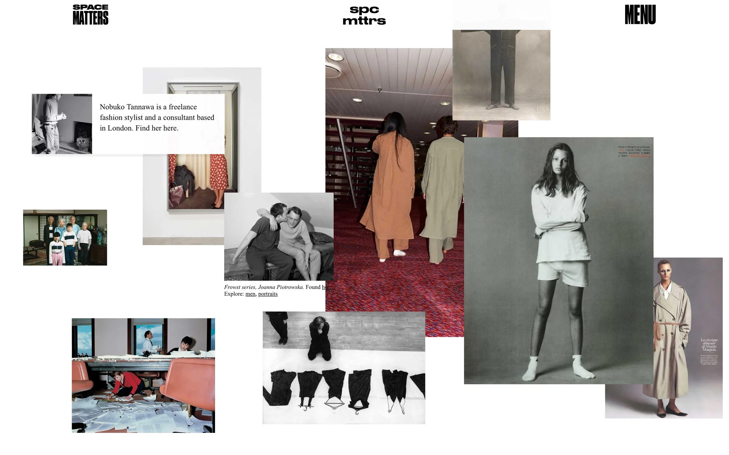 Mood board page: fashion and editorial photographs scattered loosely across a white canvas