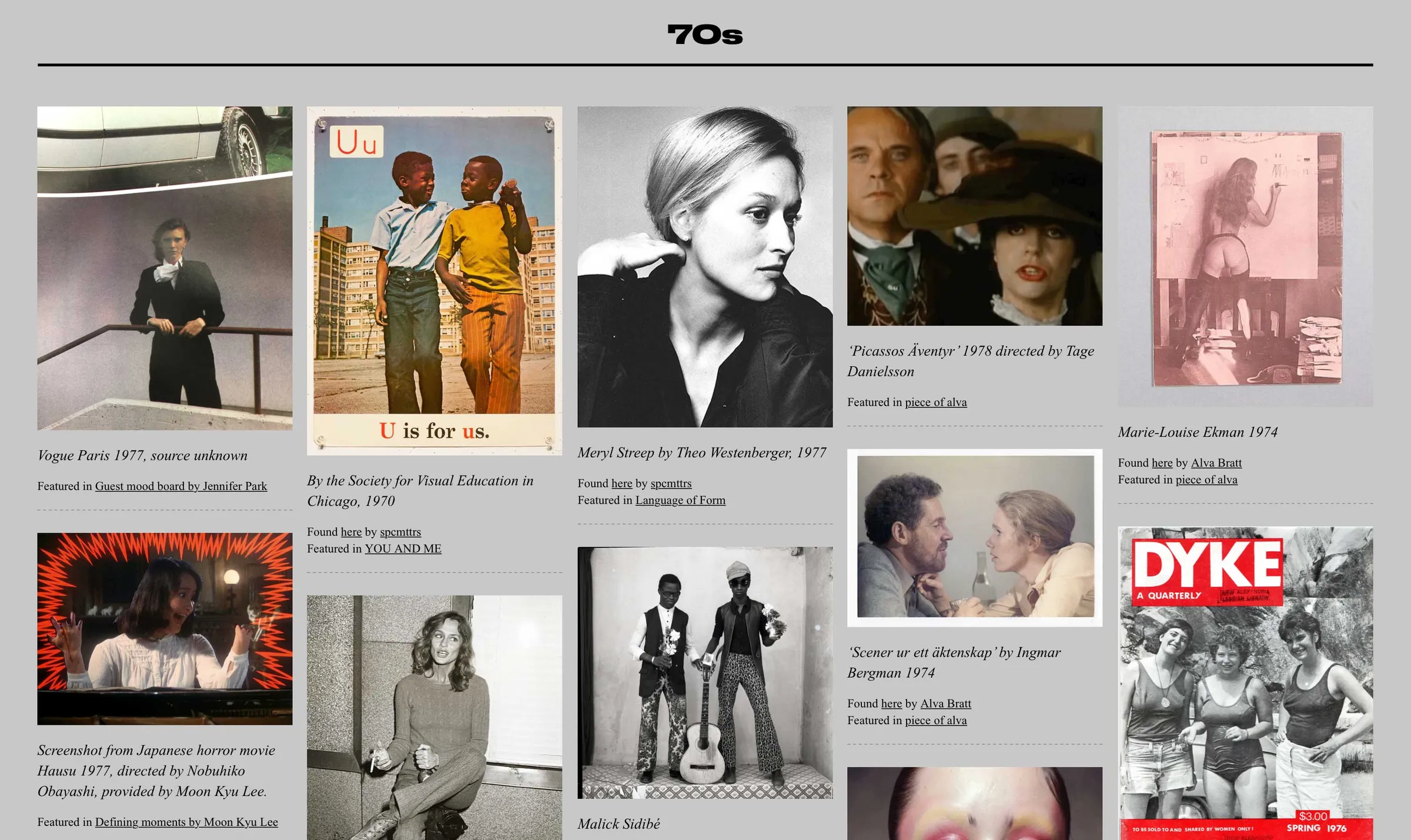 Tag page “70s”: a grid of captioned 1970s photos, film stills and magazine covers