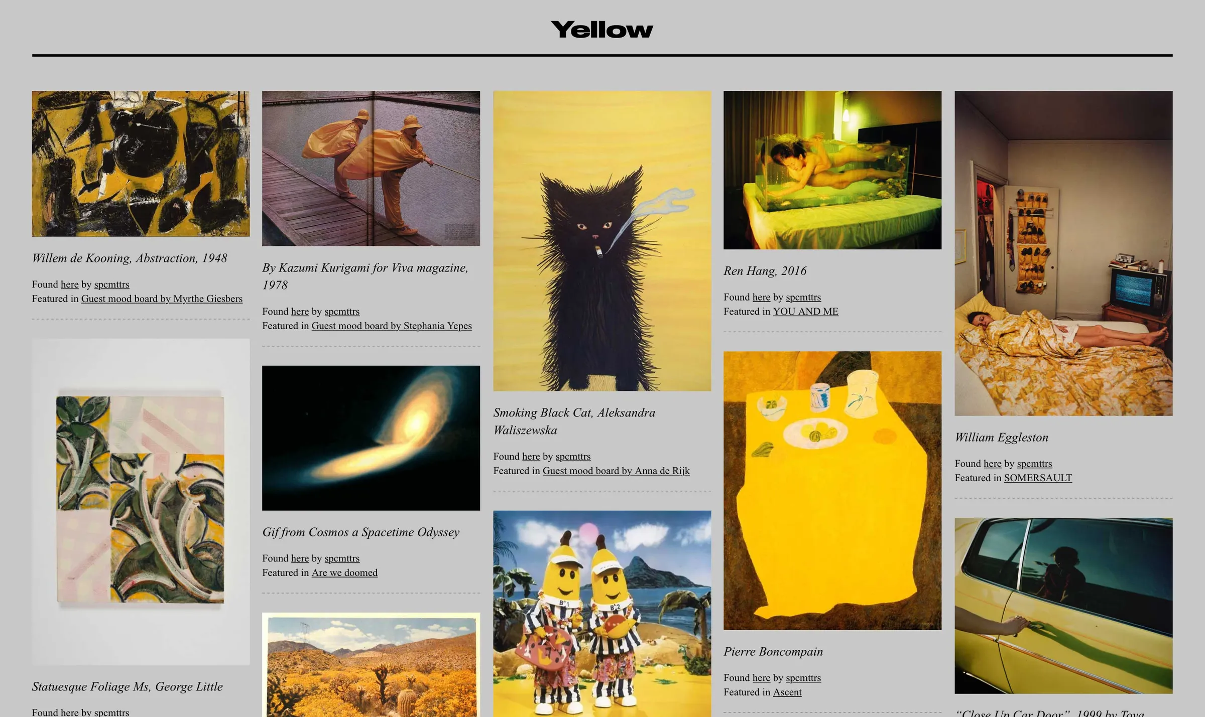 Tag page “Yellow”: a grid of captioned yellow-toned paintings, photos and illustrations