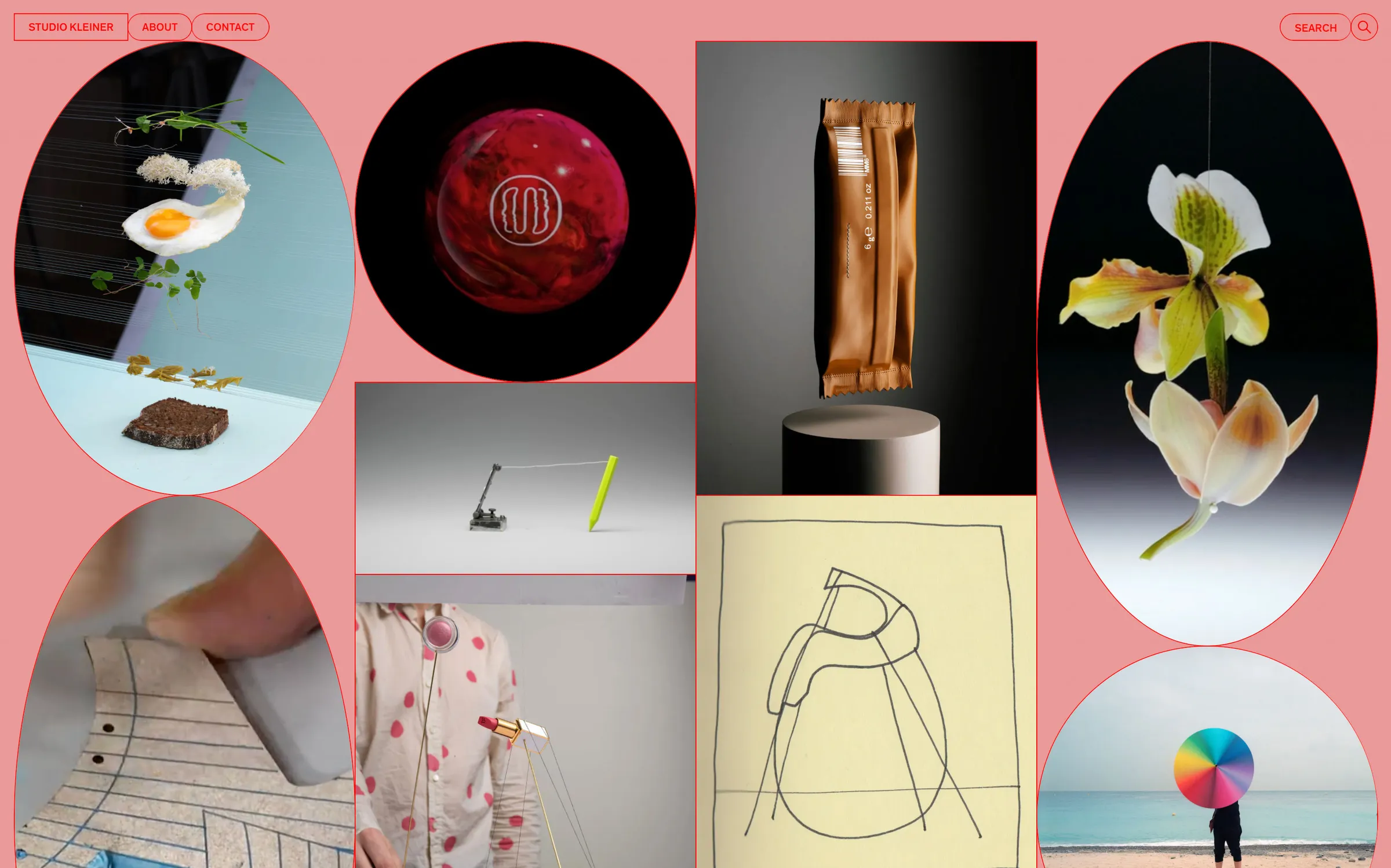 Pink website page: a collage of oval and rectangular work images, from a floating egg to an orchid