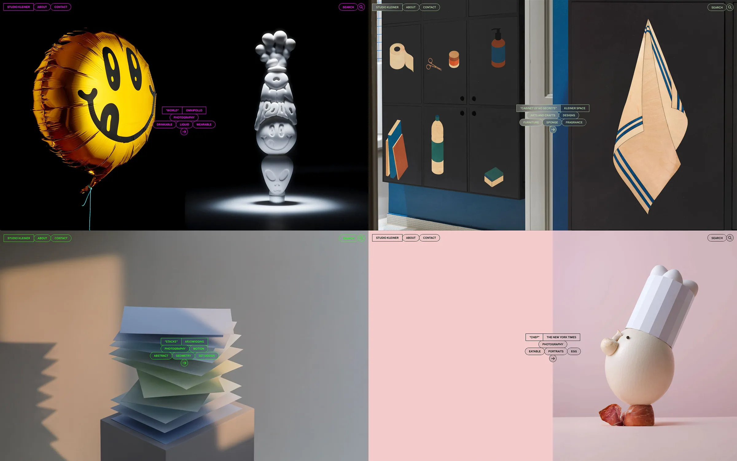 Four site pages in different colours: a smiley balloon, a cabinet with a tea towel, stacked paper, an egg chef