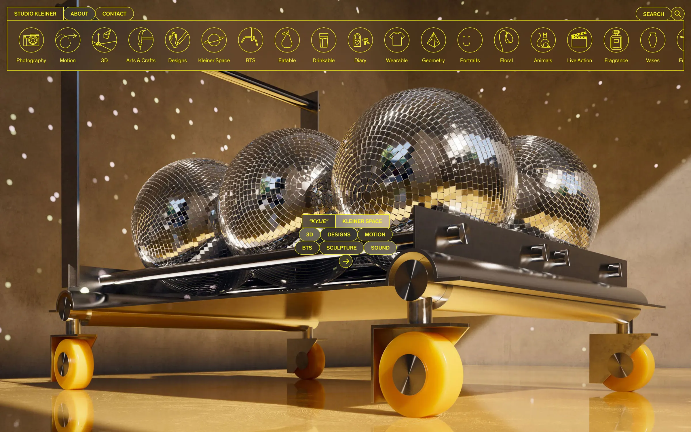 Website start page: a row of category icons above a 3D render of disco balls on a wheeled cart
