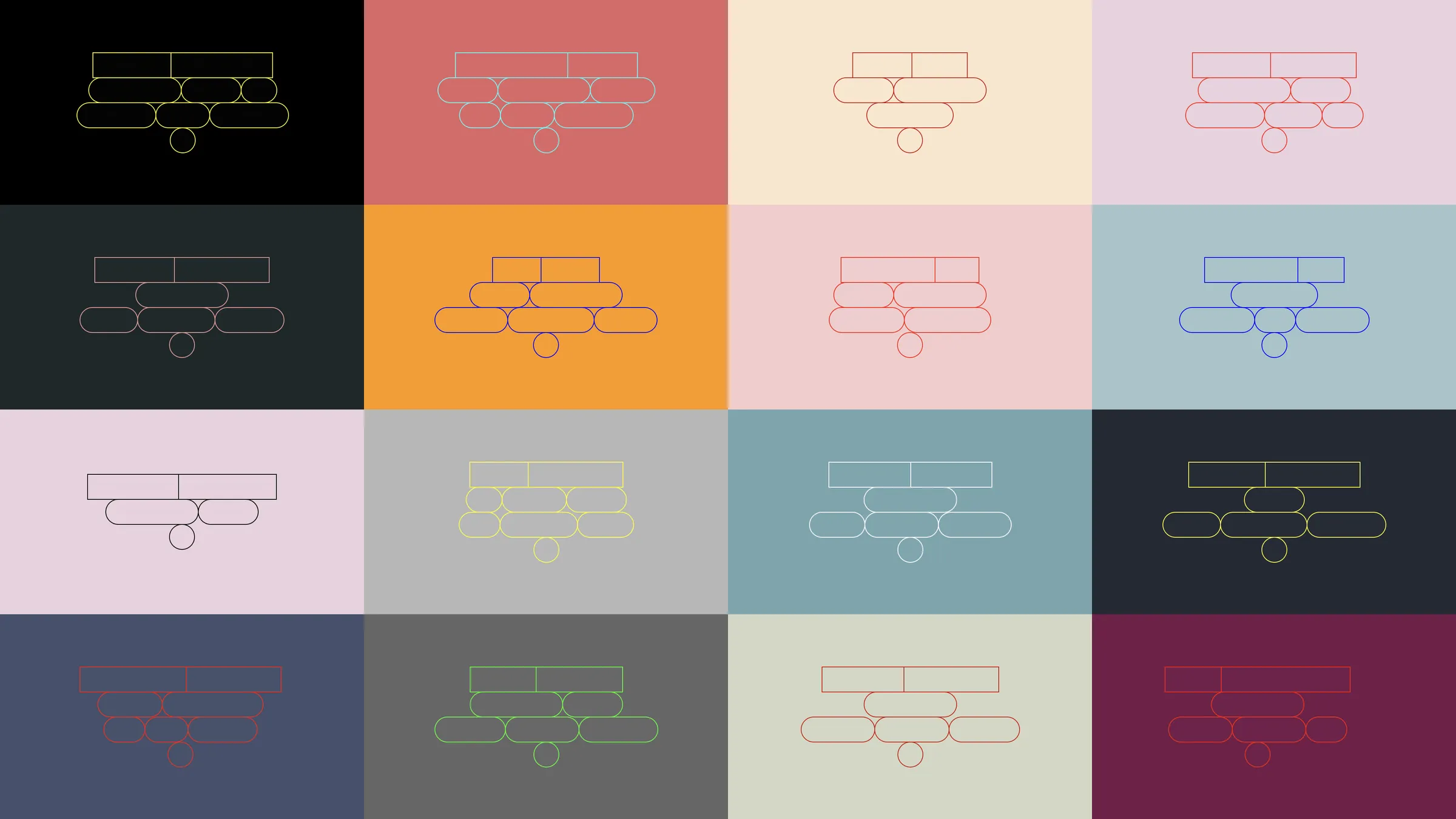 The Studio Kleiner logo, stacked pills over a circle, shown in 16 colourways on a grid of tiles