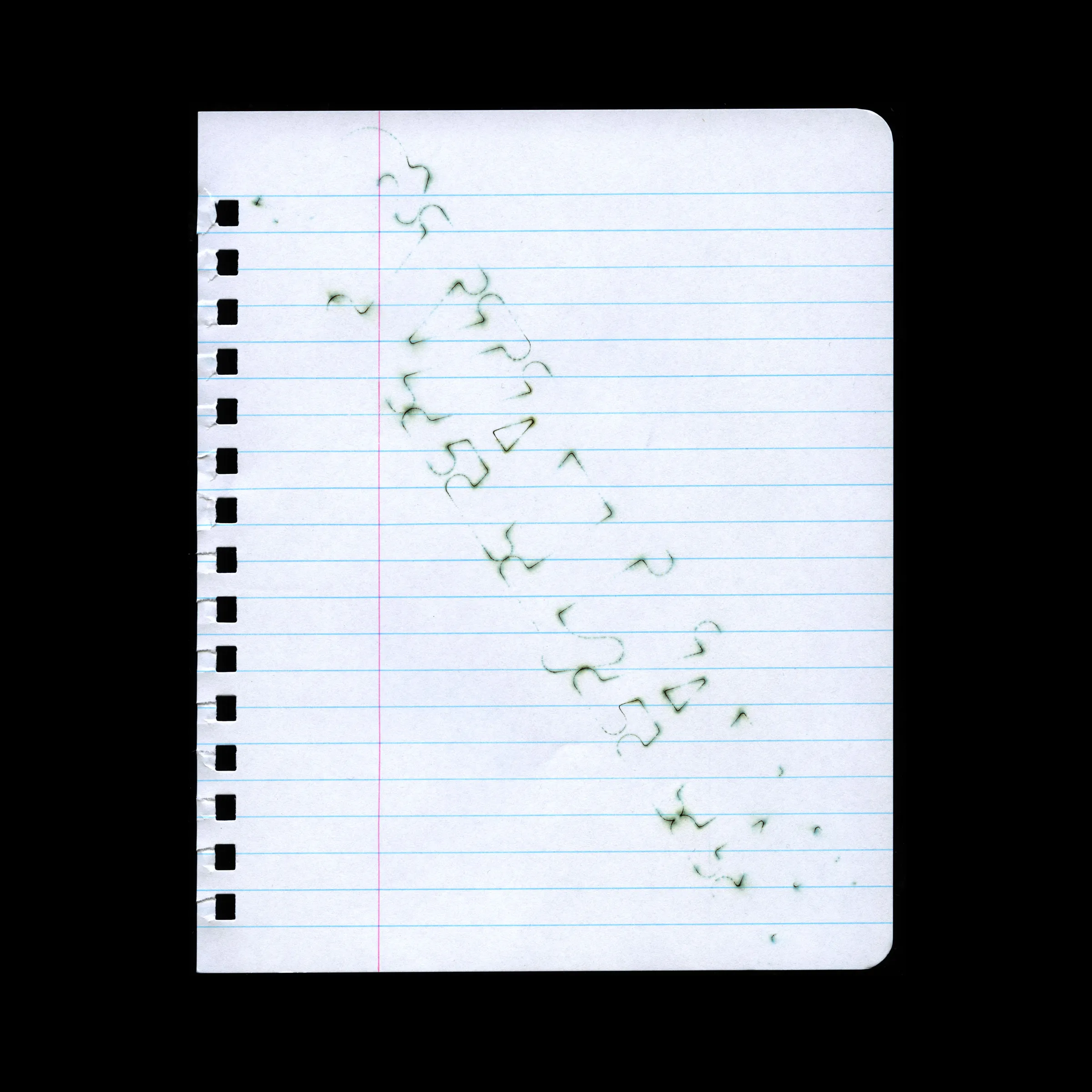 Lined notebook page with small green glyph fragments drifting diagonally across it