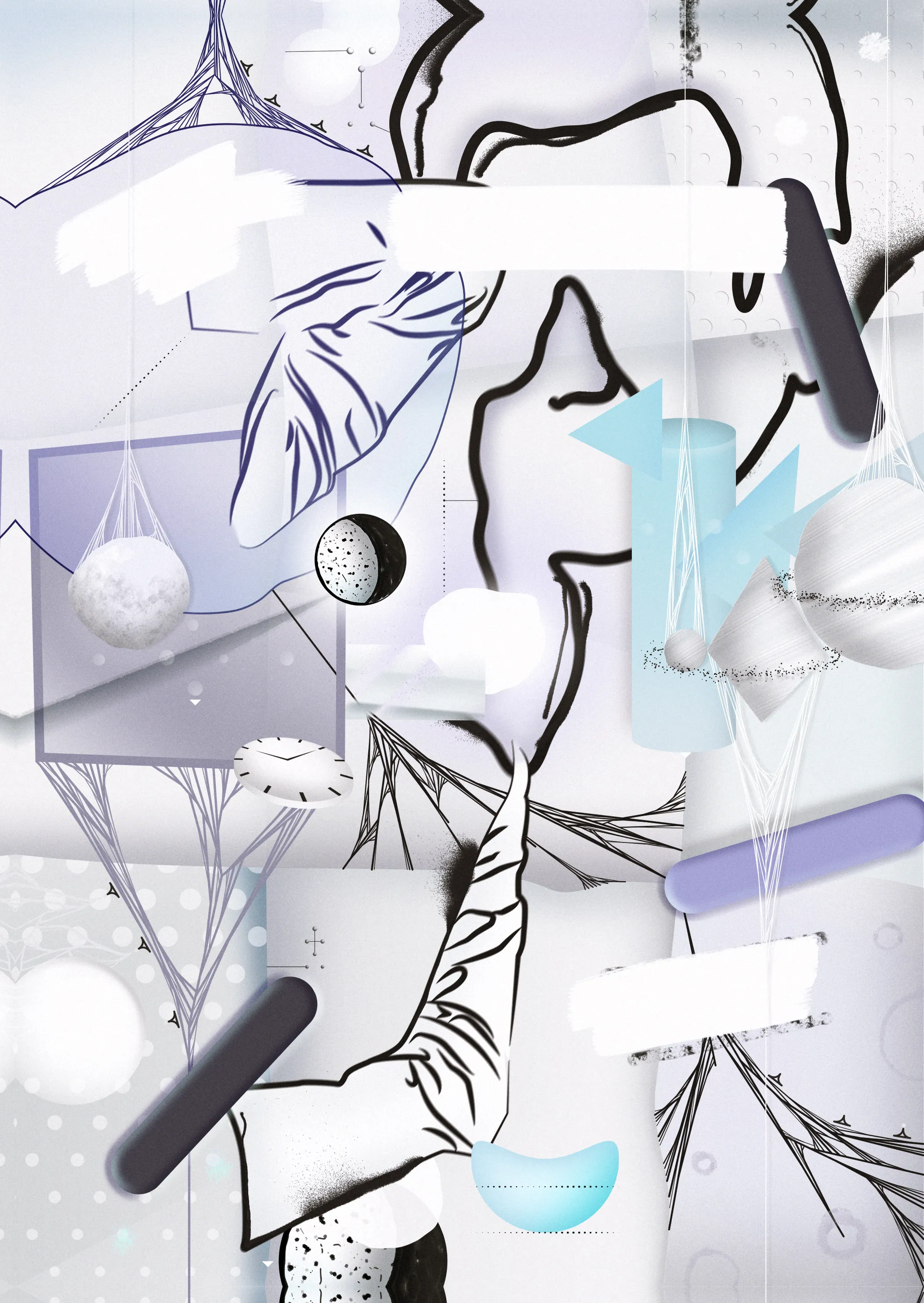 Busy digital collage of black line drawings, spheres, lilac capsules and webbing on pale grey