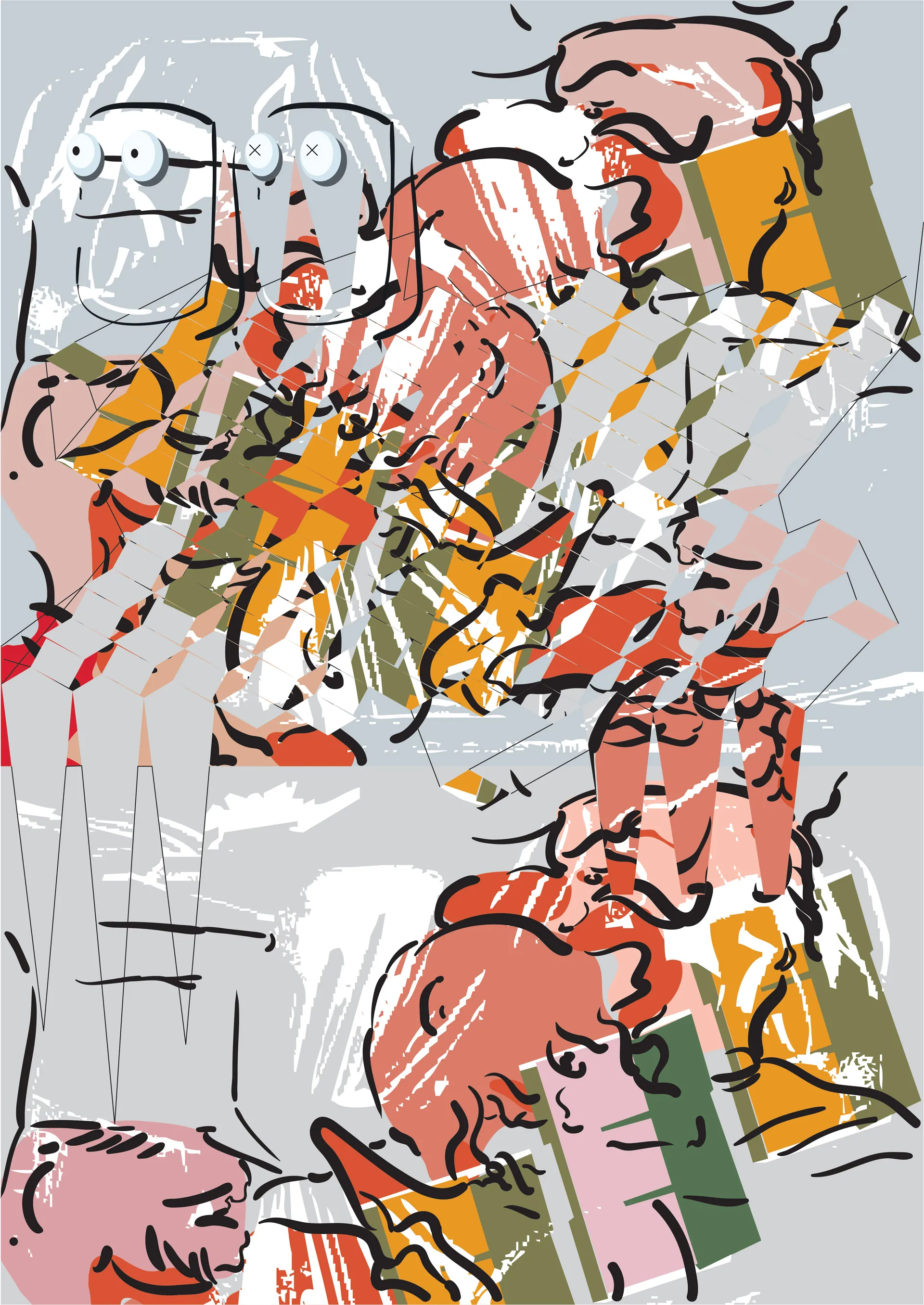 Dense tangle of curling black lines over pink, orange and olive shapes, two cartoon faces at the top