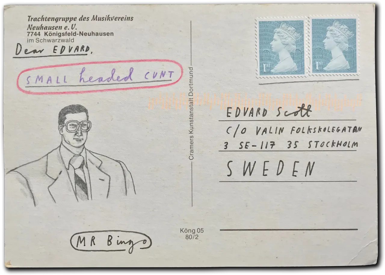 Hand-addressed vintage postcard with a rude greeting in a pink oval and a pencil sketch of a man in glasses and suit
