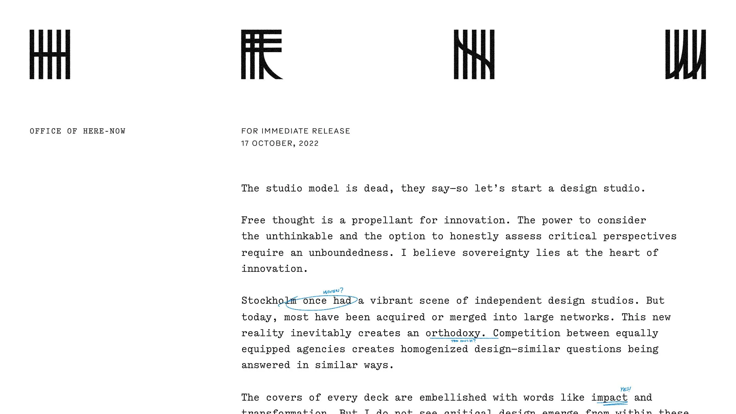 Press release under the four logotype glyphs, opening “The studio model is dead, they say…”
