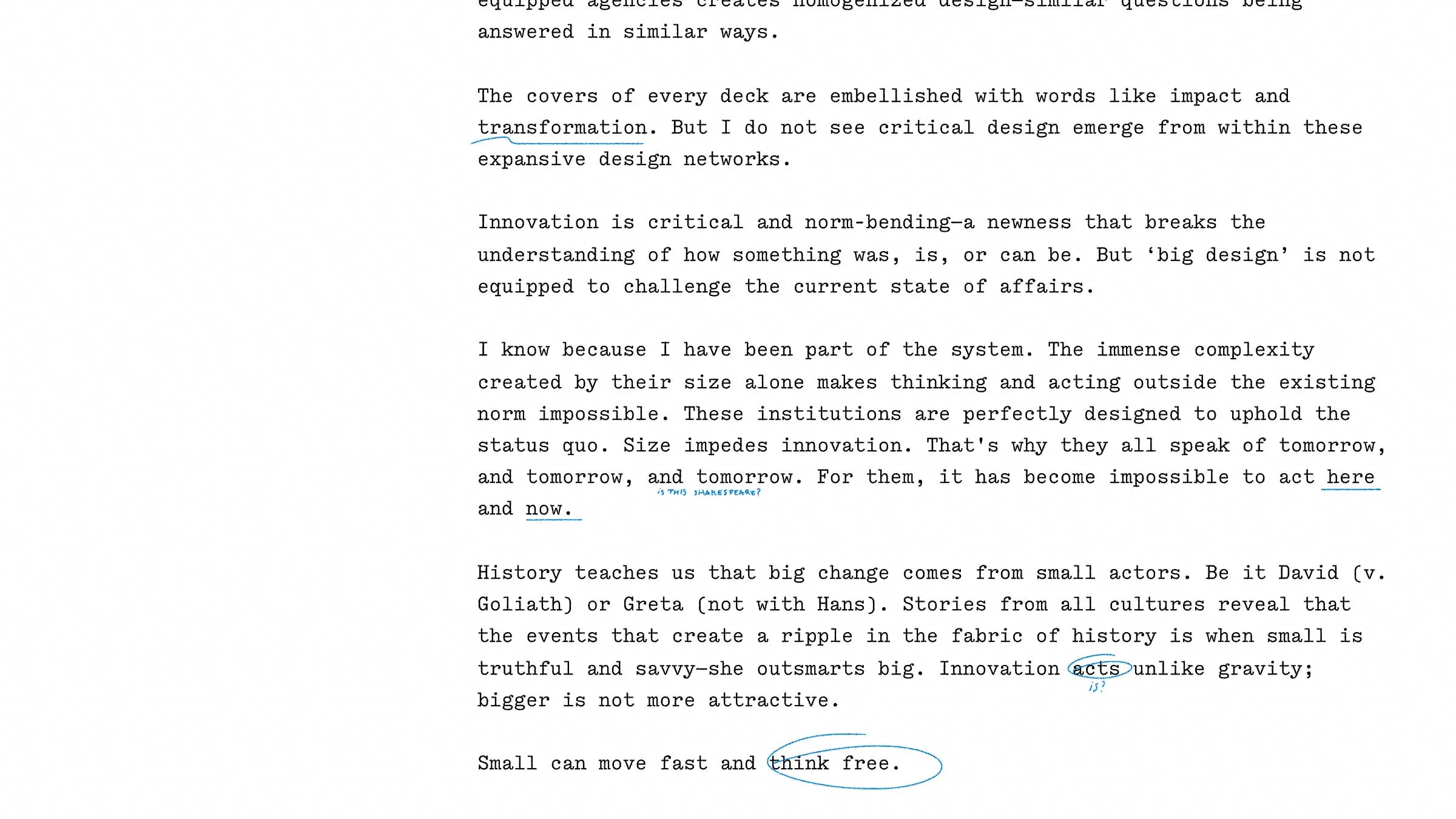 Press release, continued, with handwritten blue notes circling “think free.”