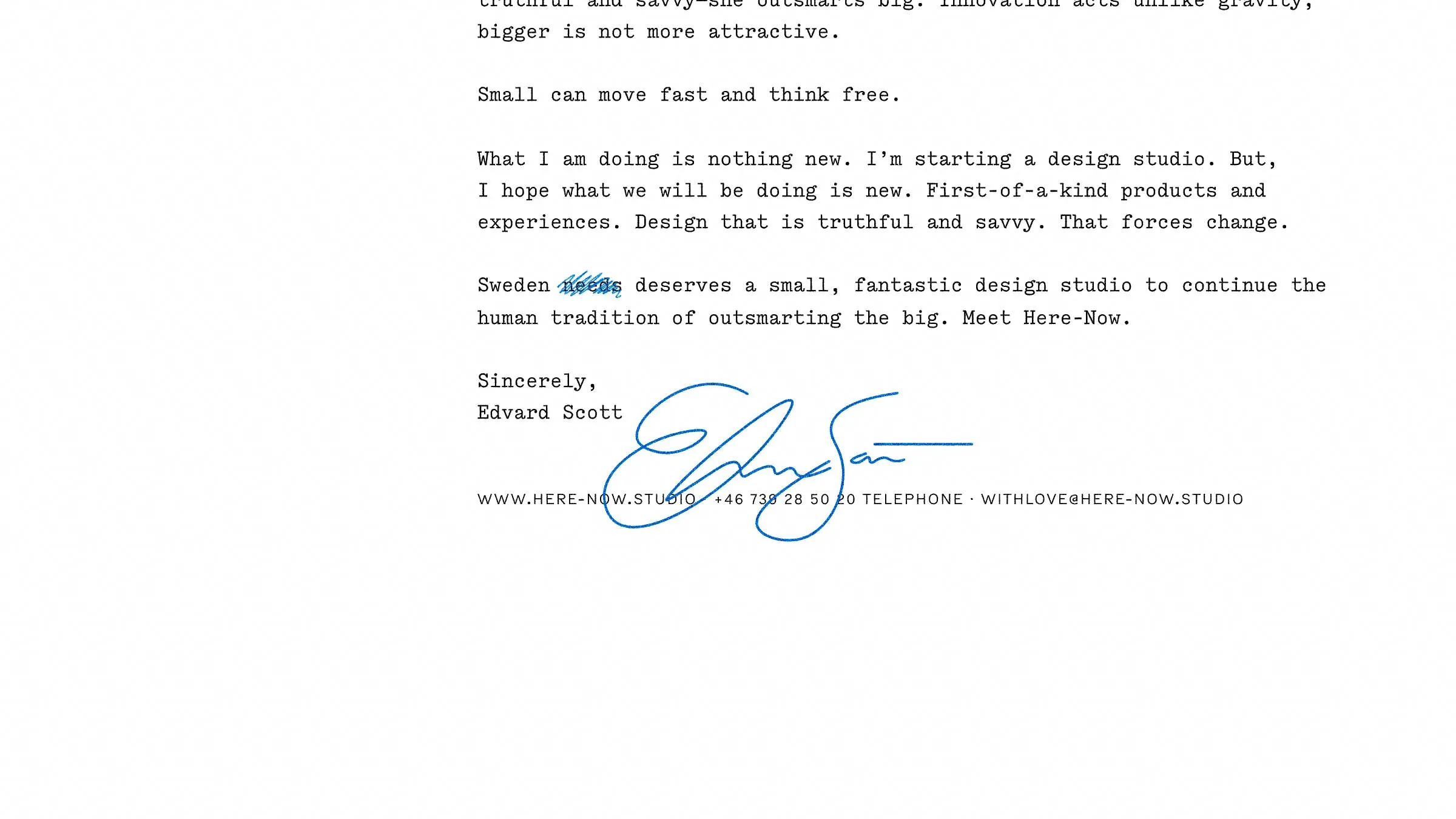 Press release ending “Meet Here-Now.”, signed by Edvard Scott in blue ink