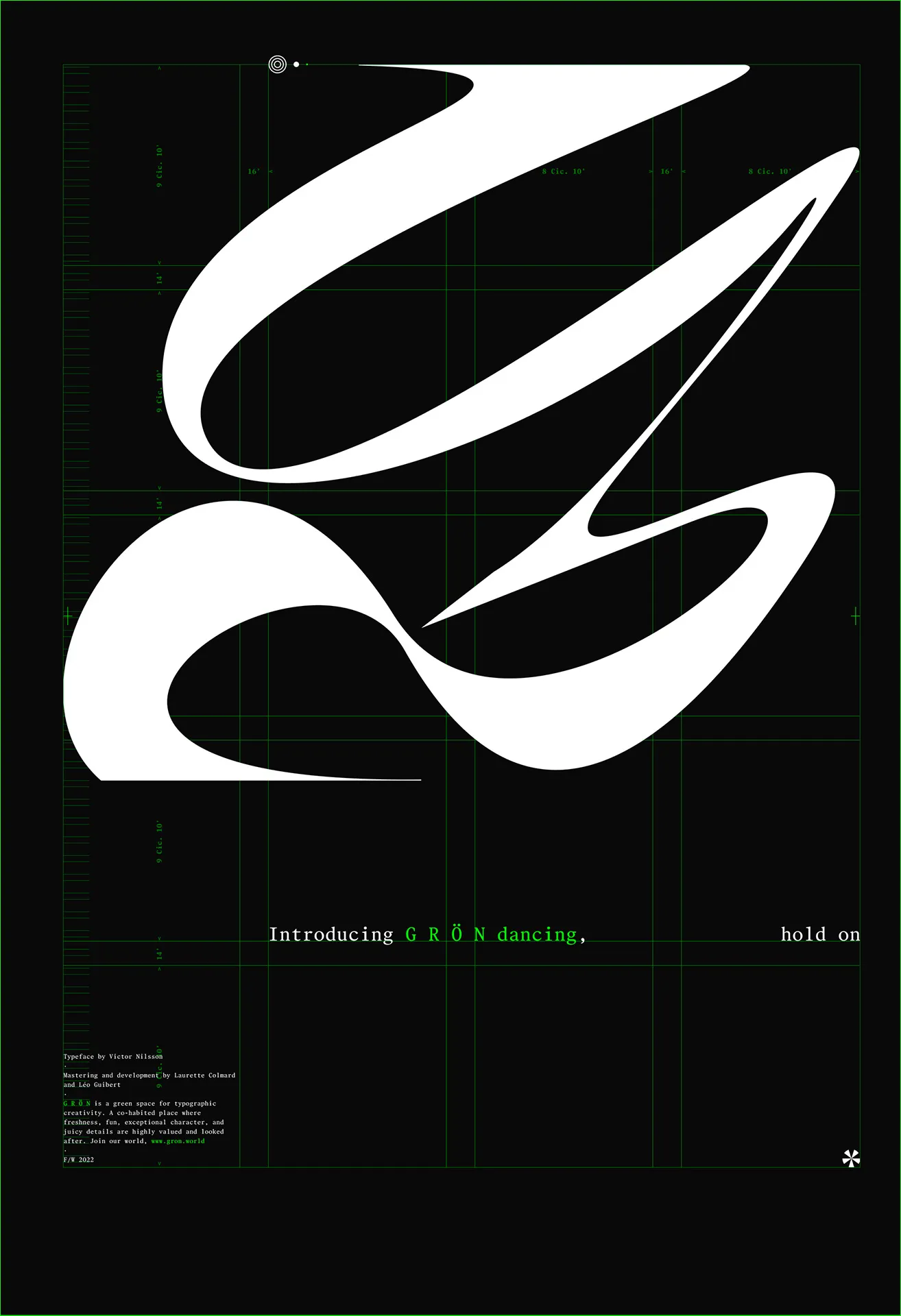 The dancing poster without the photo: the swirling letterform on black over a green layout grid