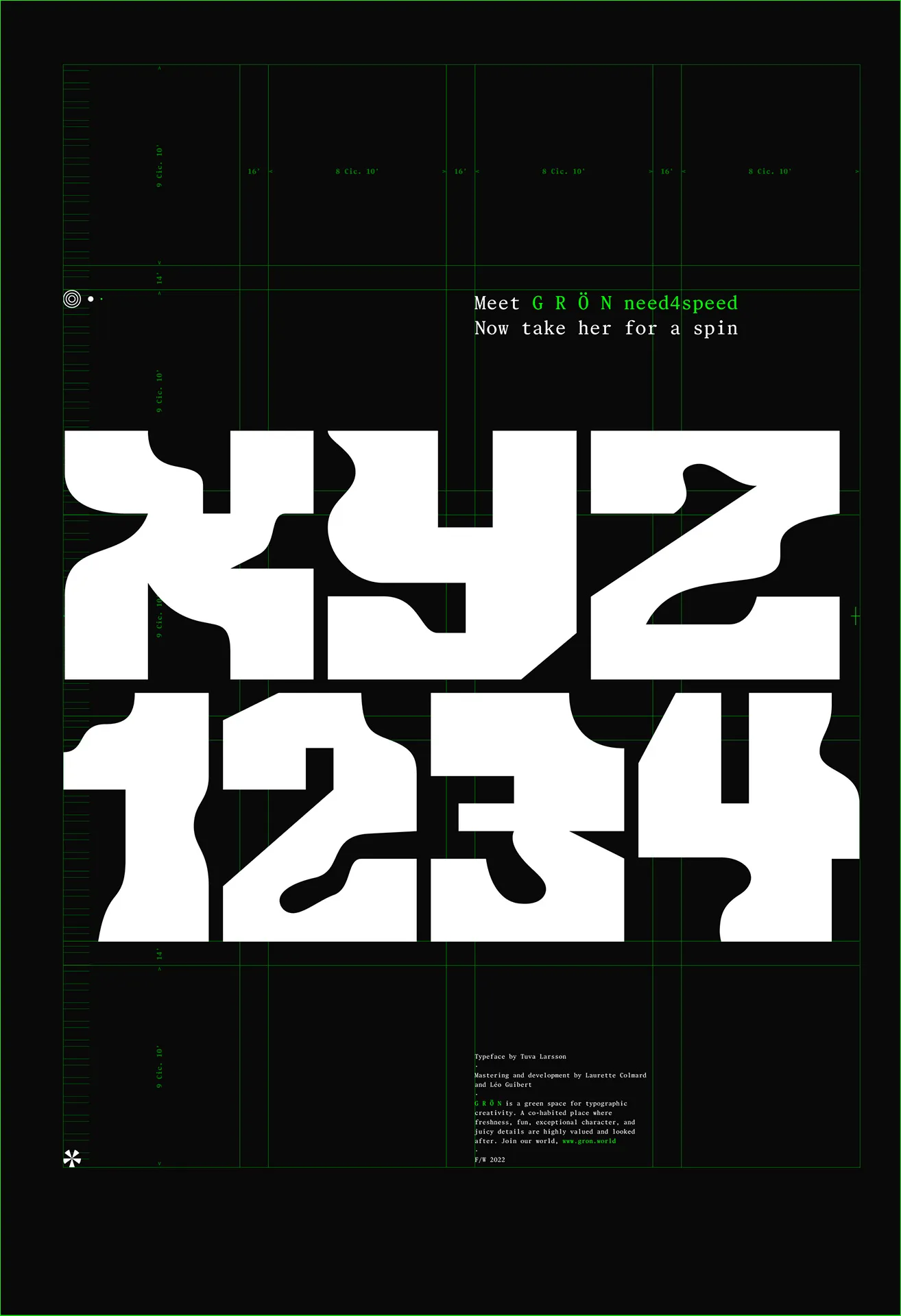 The need4speed poster on black: “XYZ 1234” set against a green layout grid