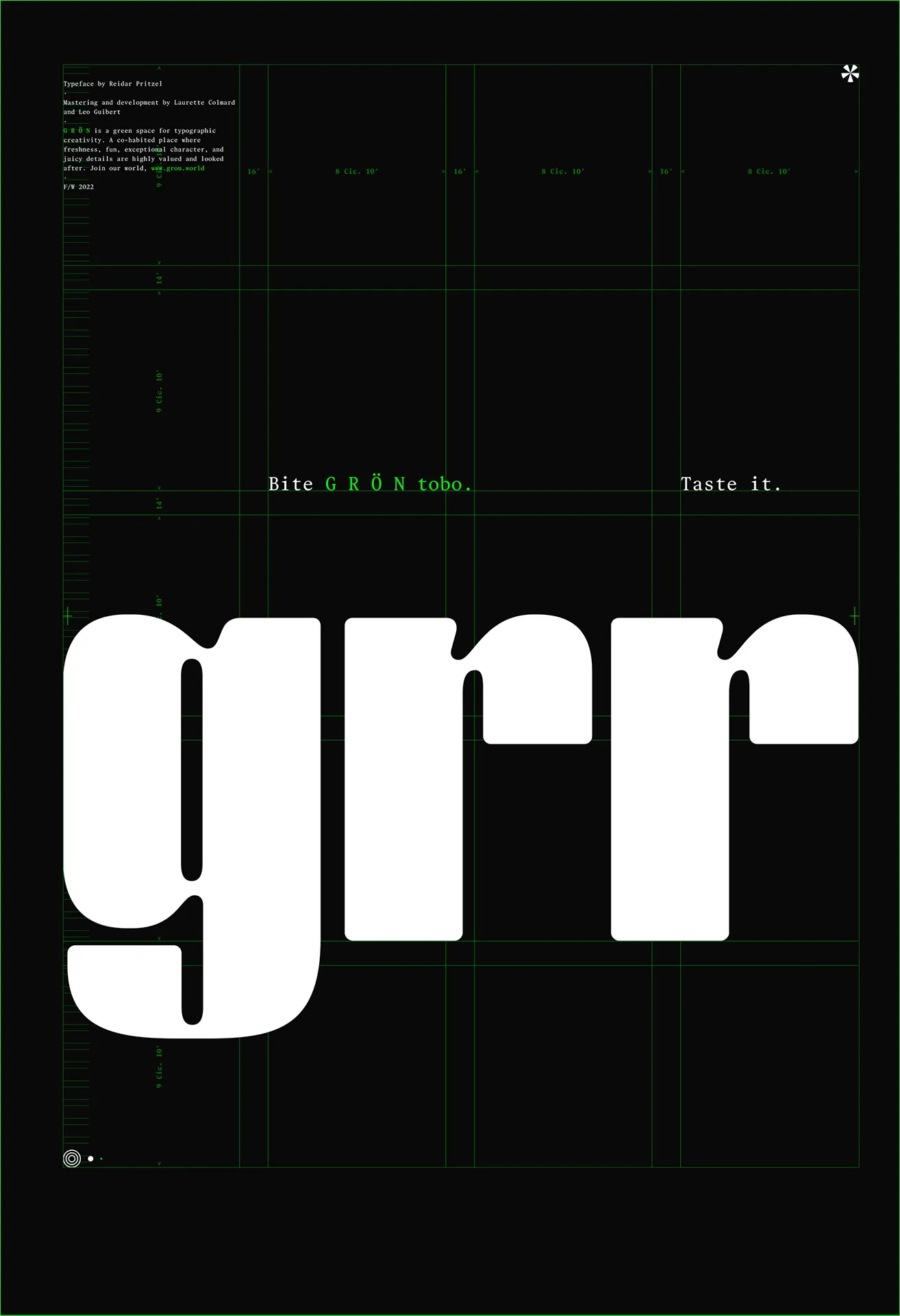The tobo poster on black: rounded, heavy “grr” set against a green layout grid