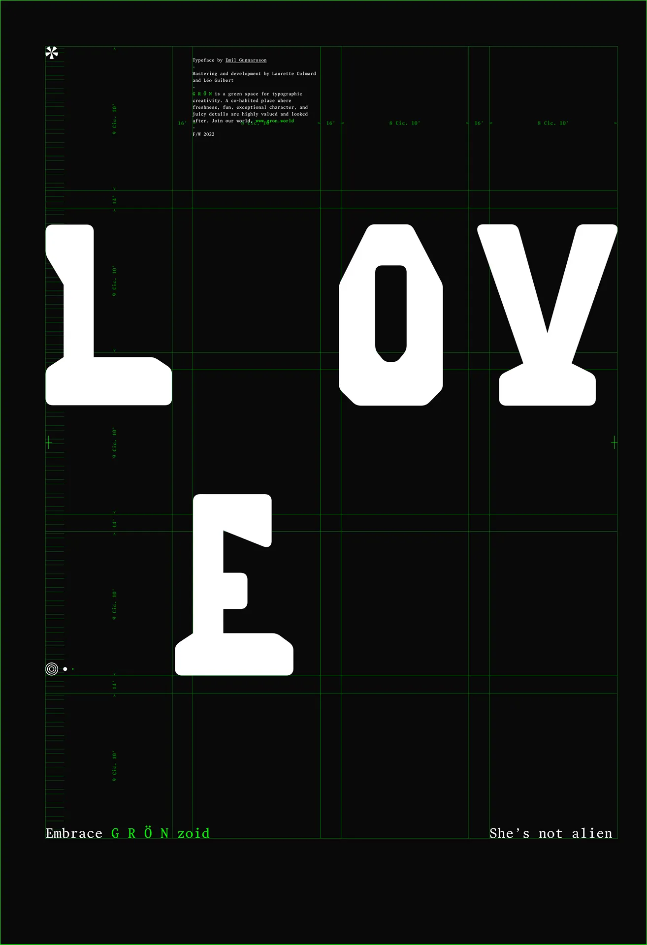 The zoid poster on black: scattered “L OV E” letters with angled cuts on a green layout grid